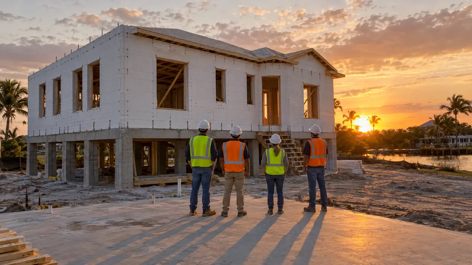 A team of builders at sunset in front of a newly raised insulated concrete form house in Florida