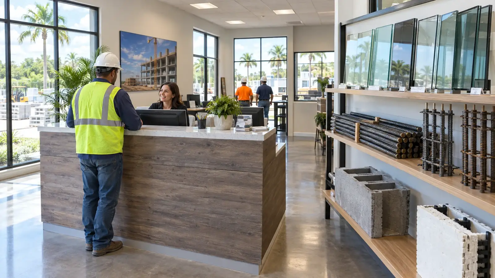 A building supply reception counter with product samples of glass, rebar and an insulated form block