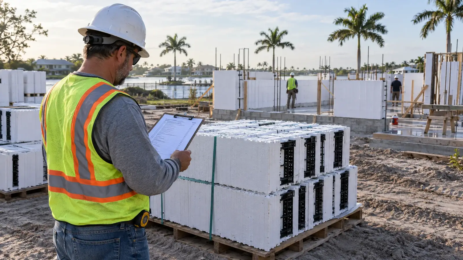 A builder in a hard hat reading a question list beside a pallet of insulated concrete forms