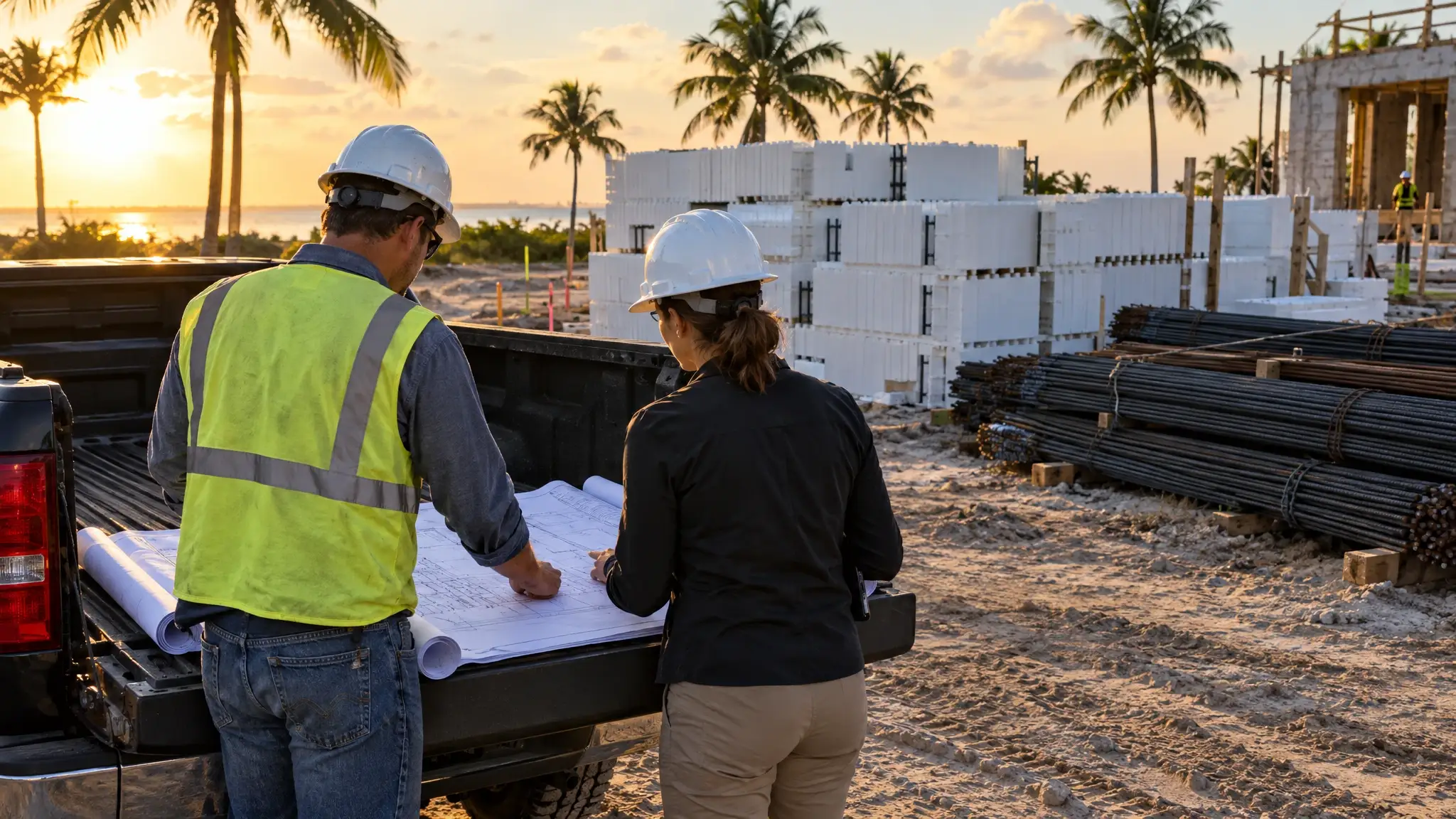 A builder and a project manager reviewing blueprints on a pickup tailgate at a Florida jobsite