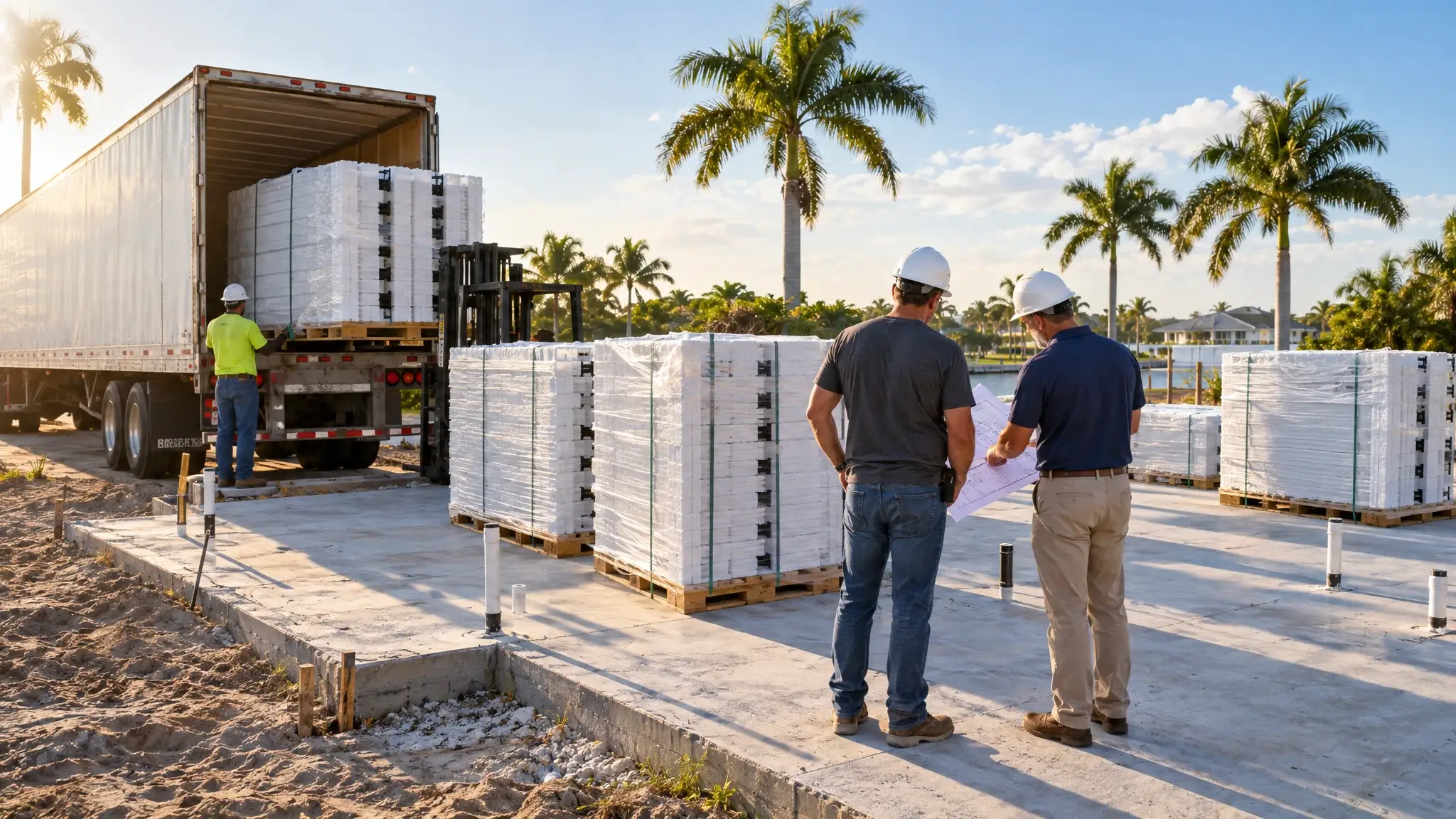 A builder and a supplier representative unloading insulated concrete forms at a Florida home site