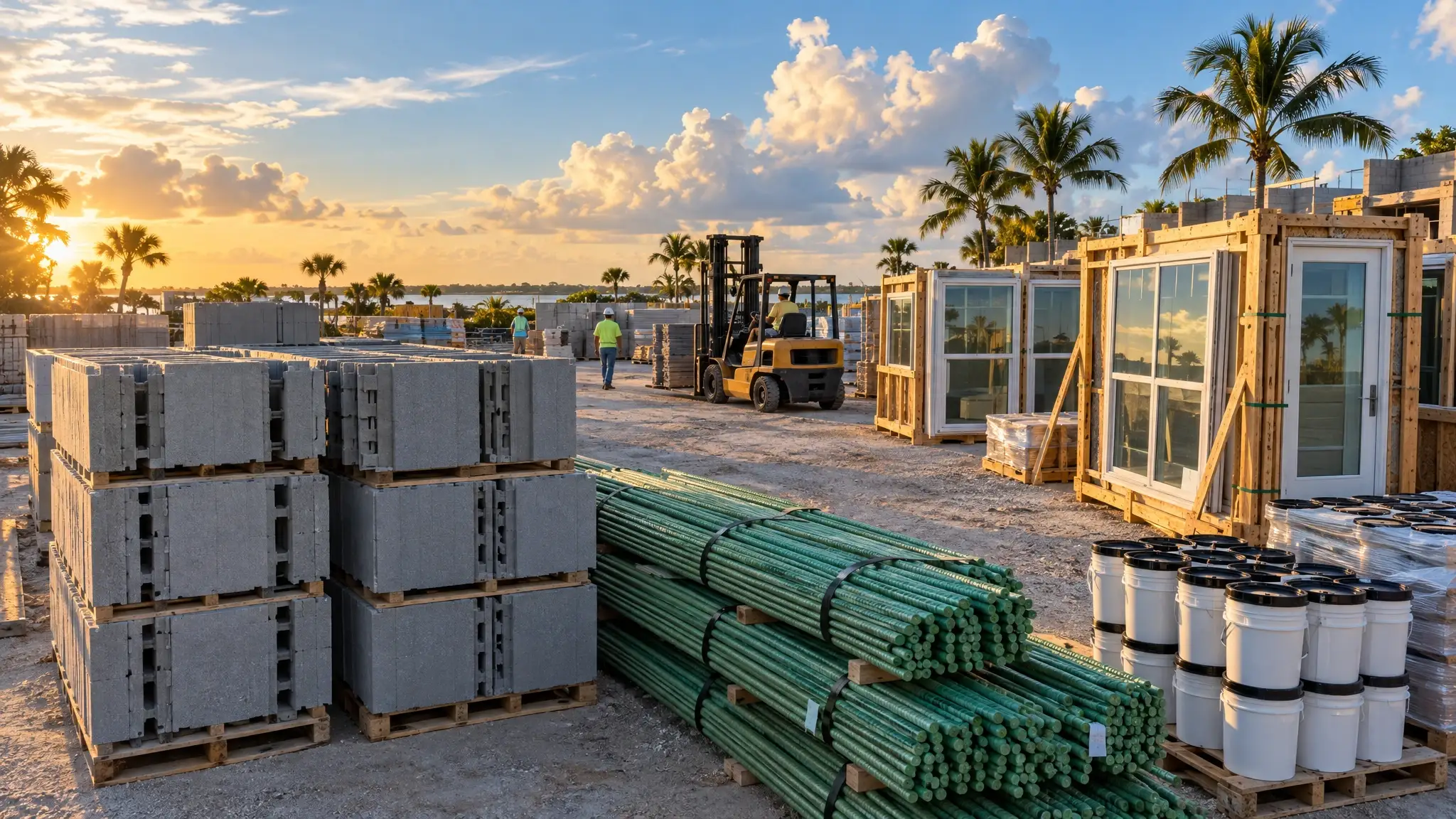 Pallets of insulated concrete forms, rebar, windows and flashing in a Florida supply yard