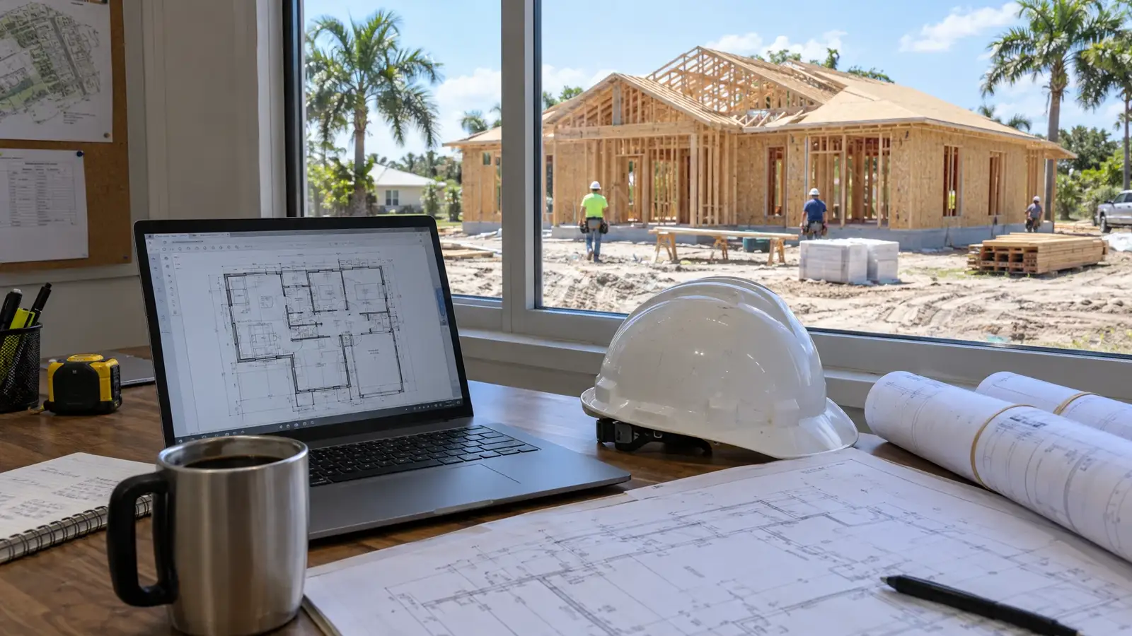 A builder desk with a laptop showing a floor plan, a hard hat and rolled drawings
