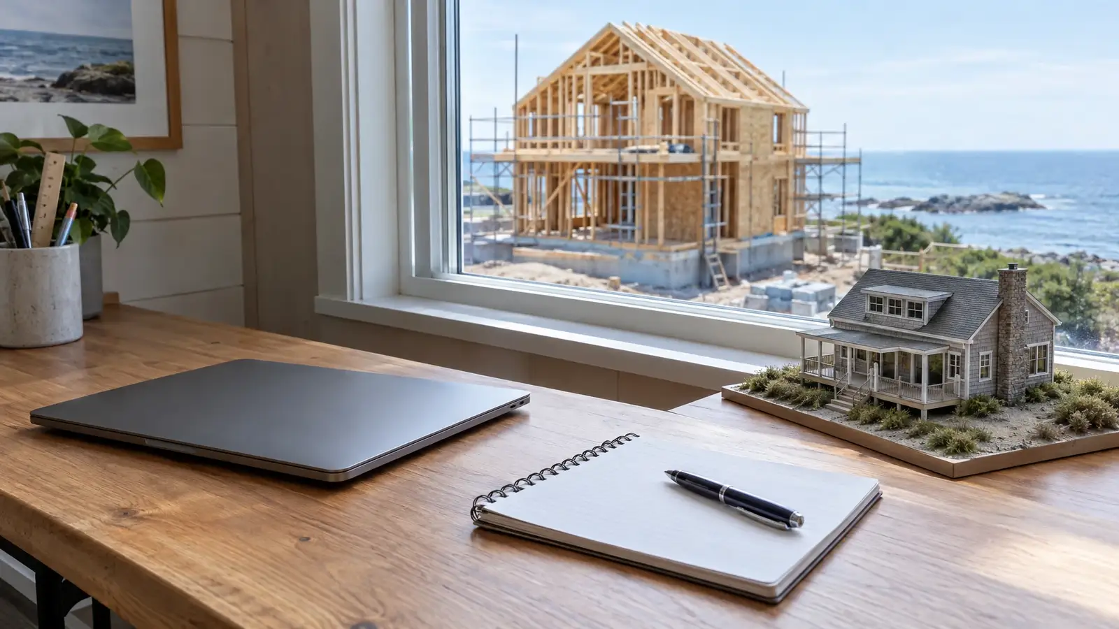 A tidy builder desk with a closed laptop, a notepad and a small model of a coastal house
