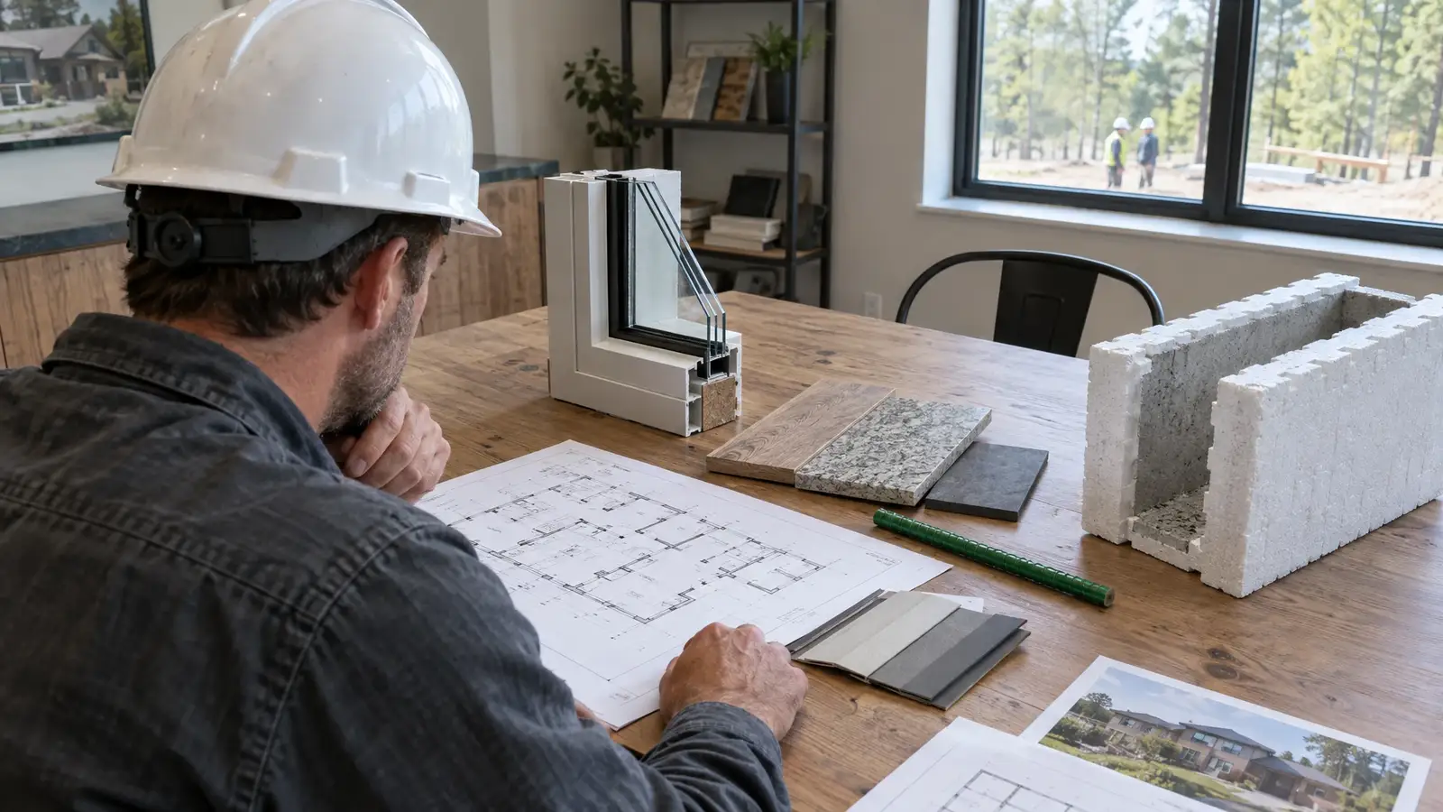 A homebuilder at a table with floor plans, a window corner sample, a green composite rebar and a foam form block