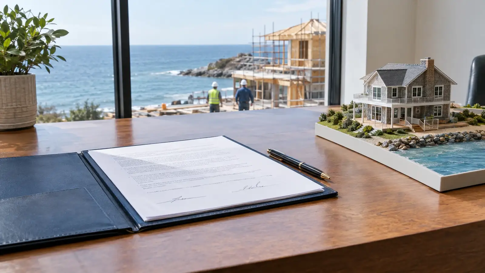 A signed agreement on a desk next to a hard hat